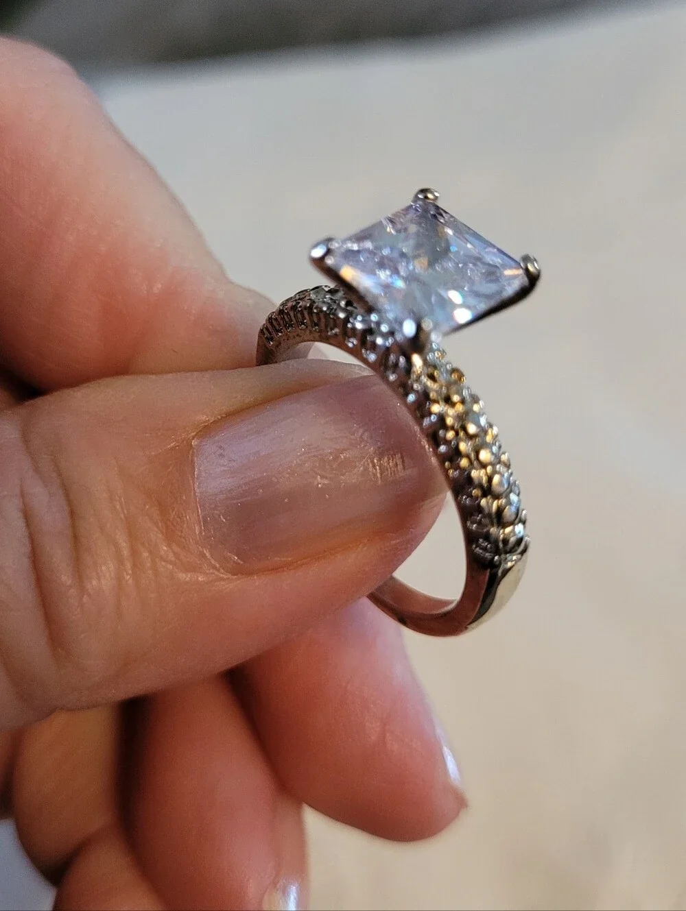 Silver-Tone Princess Cut Clear CZ Solitaire Ring Paved Band - Size 9